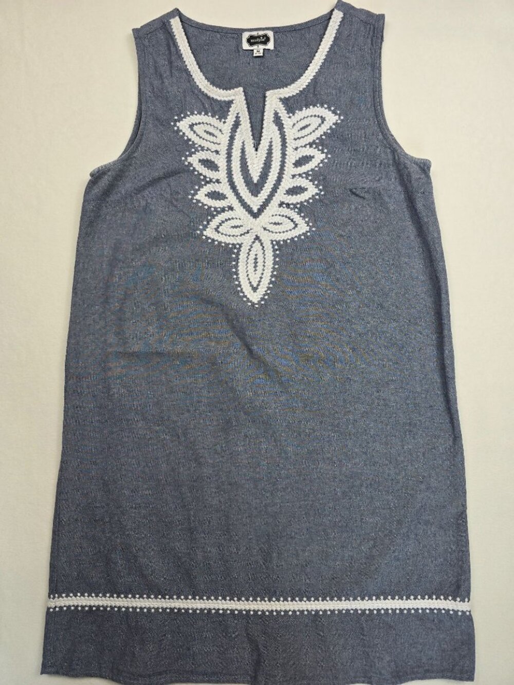 Mud Pie Womens Medium Sleeveless Blue Chambray Embroidered Shift Dress Boho